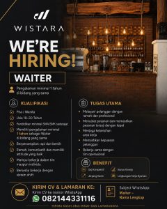 Lowongan Kerja Sebagai Waiter untuk Wistara Family Cafe Penempatan di Denpasar