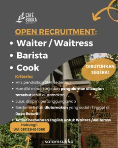 Lowongan Kerja Sebagai Waiter/Waitress, Barista dan Cook untuk CAFE SUKKA Penempatan di Baturiti, Tabanan