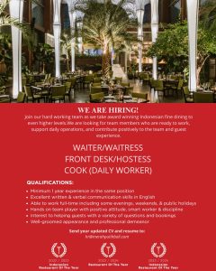 Lowongan Kerja Sebagai Waiter/Waitress, Front Desk/Hostess dan Cook (DW) untuk Merah Putih Restaurant Penempatan di Badung