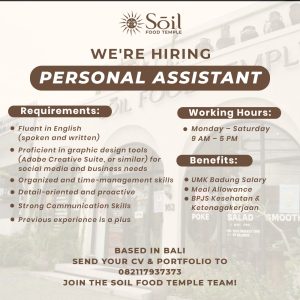 Lowongan Kerja Sebagai Personal Assistant untuk Soil Food Temple Penempatan di Badung