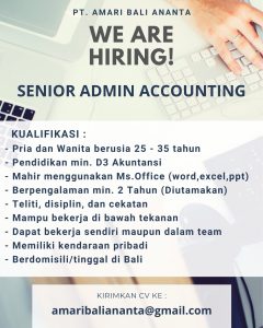 Lowongan Kerja Sebagai Senior Admin Accounting untuk Amari Bali Ananta Penempatan di Renon, Denpasar