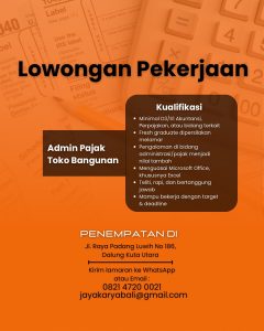 Lowongan Kerja Sebagai Admin Pajak untuk Jaya Karya Penempatan di Dalung, Badung