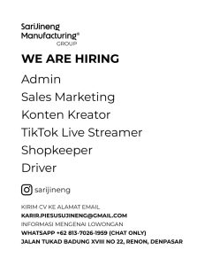 Lowongan Kerja Sebagai Admin, Sales Marketing, Konten Kreator, TikTok Live Streamer, Shopkeeper, Driver untuk Sari Jineng Manufacturing Group Penempatan di Bali