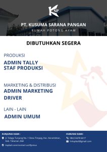 Lowongan Kerja Sebagai Admin Tally, Staff Produksi, Admin Marketing, Driver dan Admin Umum untuk PT. Kusuma Sarana Pangan Penempatan di Tabanan