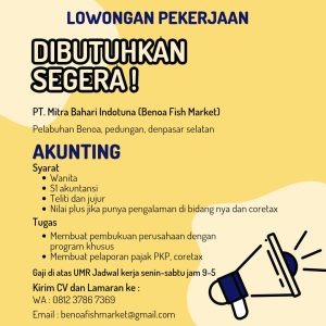 Lowongan Kerja Sebagai Akunting untuk PT. Mitra Bahari Indotuna (Benoa Fish Market) Penempatan di Denpasar