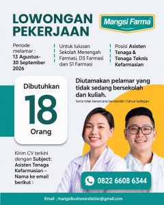 Lowongan Kerja Sebagai Asisten Tenaga & Tenaga Teknis Kefarmasian untuk Mangsi Farma Penempatan di Denpasar