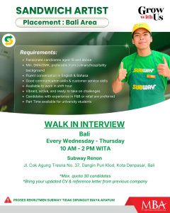Lowongan Kerja Sebagai Assistant Restaurant Manager, Sandwich Artist untuk Subway Indonesia Penempatan di Bali