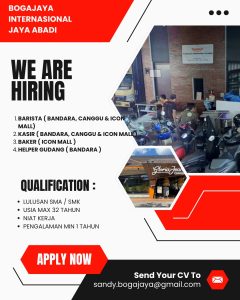 Lowongan Kerja Sebagai Barista, Kasir, Baker dan Helper Gudang untuk Bogajaya Internasional Jaya Abadi Penempatan di Badung