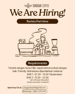 Lowongan Kerja Sebagai Barista Part Time untuk SOOGUD Coffee Penempatan di Denpasar