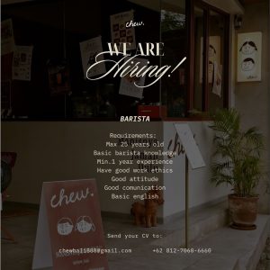 Lowongan Kerja Sebagai Barista untuk Chew Penempatan di Badung