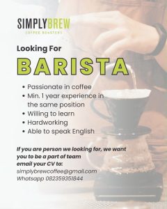 Lowongan Kerja Sebagai Barista untuk Simply Brew Coffee Roasters Penempatan di Denpasar