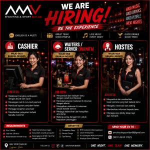 Lowongan Kerja Sebagai Cashier, Waitress/Server dan Hostess untuk AMV Shooting & Sport Bar Penempatan di Legian, Badung