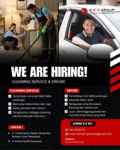 Lowongan Kerja Sebagai Cleaning Service, Driver untuk R.E.D Group Penempatan di Denpasar