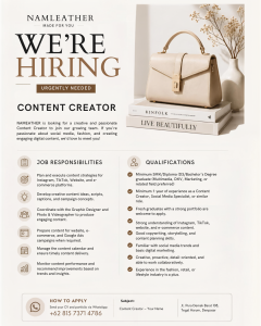 Lowongan Kerja Sebagai Content Creator, Ads Specialist, Website Specialist, Human Resources Generalist untuk NAMLEATHER Penempatan di Denpasar