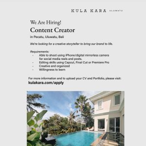 Lowongan Kerja Sebagai Content Creator, Housekeeping untuk KULA KARA Uluwatu Penempatan di Badung