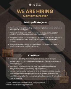 Lowongan Kerja Sebagai Content Creator, Staff Gudang dan Store Crew untuk REVEN ALONA Penempatan di Denpasar
