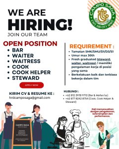 Lowongan Kerja Sebagai Cook, Cook Helper, Waiter/ Waitress, Steward, Bar untuk Campo Saga Cafe & City Space Penempatan di Denpasar
