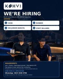 Lowongan Kerja Sebagai Cook, Runner, DW Junior Barista dan Staff Billiard untuk KOHVI Penempatan di Denpasar