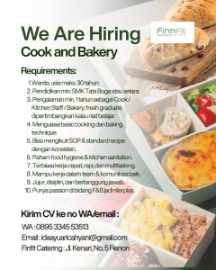 Lowongan Kerja Sebagai Cook dan Bakery untuk FInnFit Penempatan di Denpasar