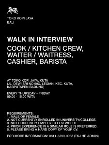 Lowongan Kerja Sebagai Cook/Kitchen Crew, Waiter/Waitress, Cashier dan Barista untuk Toko Kopi Jaya Bali Penempatan di Badung