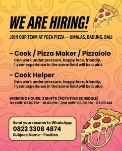 Lowongan Kerja Sebagai Cook/Pizza Maker/Pizzaiolo dan Cook Helper untuk YOZA PIZZA Penempatan di Umalas, Badung