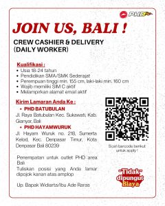Lowongan Kerja Sebagai Crew Cashier & Delivery (DW) untuk PHD Bali Penempatan di Bali
