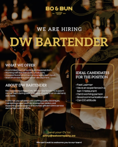 Lowongan Kerja Sebagai DW Bartender untuk Bo & Bun  Penempatan di Badung

