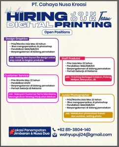 Lowongan Kerja Sebagai Design Graphics, Customer Service, Staff Produksi dan Junior Photographer untuk PT. Cahaya Nusa Kreasi Penempatan di Badung