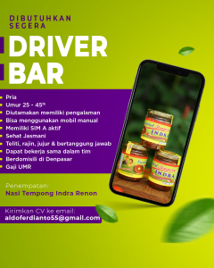 Lowongan Kerja Sebagai Driver dan Bar untuk Tempong Indra Penempatan di Renon, Denpasar
