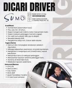 Lowongan Kerja Sebagai Driver untuk SUMO Car Rental Penempatan di Eden Hotel Kuta, Badung