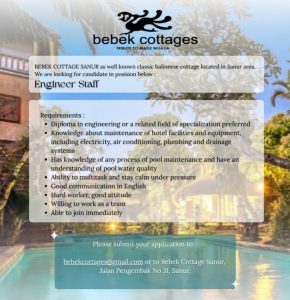 Lowongan Kerja Sebagai Engineer Staff untuk Bebek Cottages Penempatan di Sanur, Denpasar