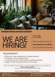 Lowongan Kerja Sebagai Floor Supervisor dan Waiter untuk ORIGEN MEXICAN RESTAURANT Penempatan di Pererenan, Badung