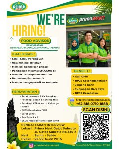 Lowongan Kerja Sebagai Food Advisor untuk PT. Primafood International ( Prima Mart ) Penempatan di Bali