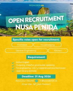 Lowongan Kerja Sebagai Frontdesk, Housekeeping, General Engineering dan Kitchen untuk Won-Der-Loft Penempatan di Nusa Penida, Klungkung