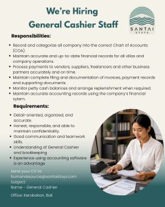 Lowongan Kerja Sebagai General Cashier Staff untuk Santai Stays Penempatan di Kerobokan, Badung