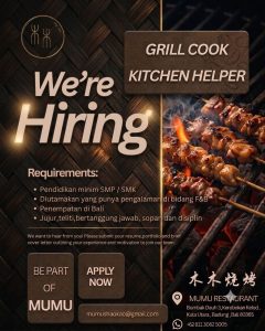 Lowongan Kerja Sebagai Grill Cook dan Kitchen Helper untuk MUMU Restaurant Penempatan di Badung