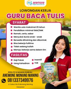 Lowongan Kerja Sebagai Guru Baca Tulis untuk Anemone Monang Maning Penempatan di Denpasar