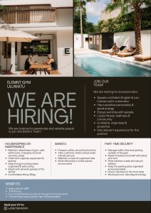 Lowongan Kerja Sebagai Housekeeping, Barista dan Part-time Security untuk Elemnt Gym Penempatan di Uluwatu, Badung