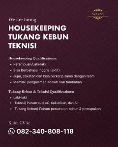 Lowongan Kerja Sebagai Housekeeping, Tukang Kebun, Teknisi untuk SVARNA Penempatan di Bali