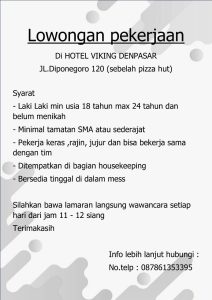 Lowongan Kerja Sebagai Housekeeping untuk Hotel Vikking Penempatan di Denpasar