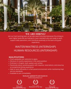 Lowongan Kerja Sebagai Internship Waiter/Waitress dan Human Resources untuk Merah Putih Restaurant Penempatan di Badung