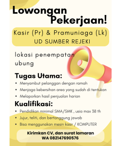 Lowongan Kerja Sebagai Kasir dan Pramuniaga untuk UD. Sumber Rejeki Penempatan di Ubung, Denpasar
