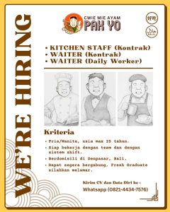 Lowongan Kerja Sebagai Kitchen Staff, Waiter dan Waiter (Daily Worker) untuk Cwie Mie Ayam Pak Yo Penempatan di Denpasar
