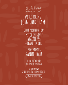 Lowongan Kerja Sebagai Kitchen Staff, Waiter/Waitress dan Team Leader untuk BALI SABI Penempatan di Sanur, Denpasar