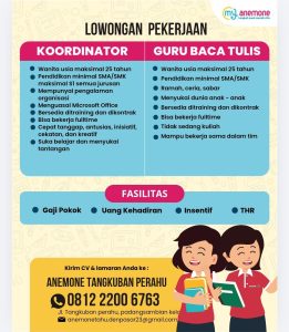 Lowongan Kerja Sebagai Koordinator dan Guru Baca Tulis untuk ANEMONE Tangkuban Perahu Penempatan di Denpasar