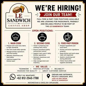 Lowongan Kerja Sebagai Main Cook, Second Cook dan Food Prep Person untuk LE SANDWICH Penempatan di Pecatu, Badung