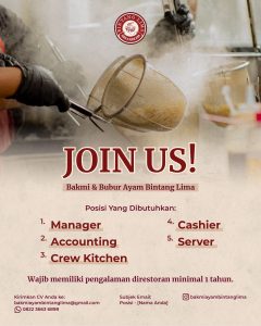 Lowongan Kerja Sebagai Manager, Accounting, Crew Kitchen, Cashier dan Server untuk Bakmi Ayam Bintang Lima Penempatan di Badung