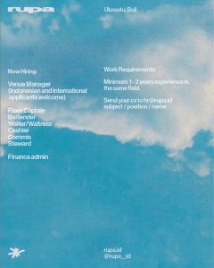 Lowongan Kerja Sebagai Manager, Floor Captain, Bartender, Waiter,ss, Cashier , Commis, Steward untuk RUPA Penempatan di Uluwatu, Badung
