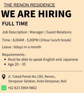 Lowongan Kerja Sebagai Manager /Guest Relations untuk The Renon Residence Penempatan di Denpasar