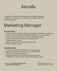 Lowongan Kerja Sebagai Marketing Manager, Production Helper, Drafter, Designer, General Cashier untuk Kevala Penempatan di Denpasar
